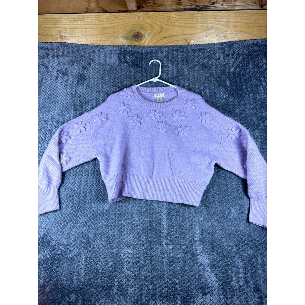 Jessica Simpson Cropped Sweater Womens Medium Purple Floral Knit Pullover 3D